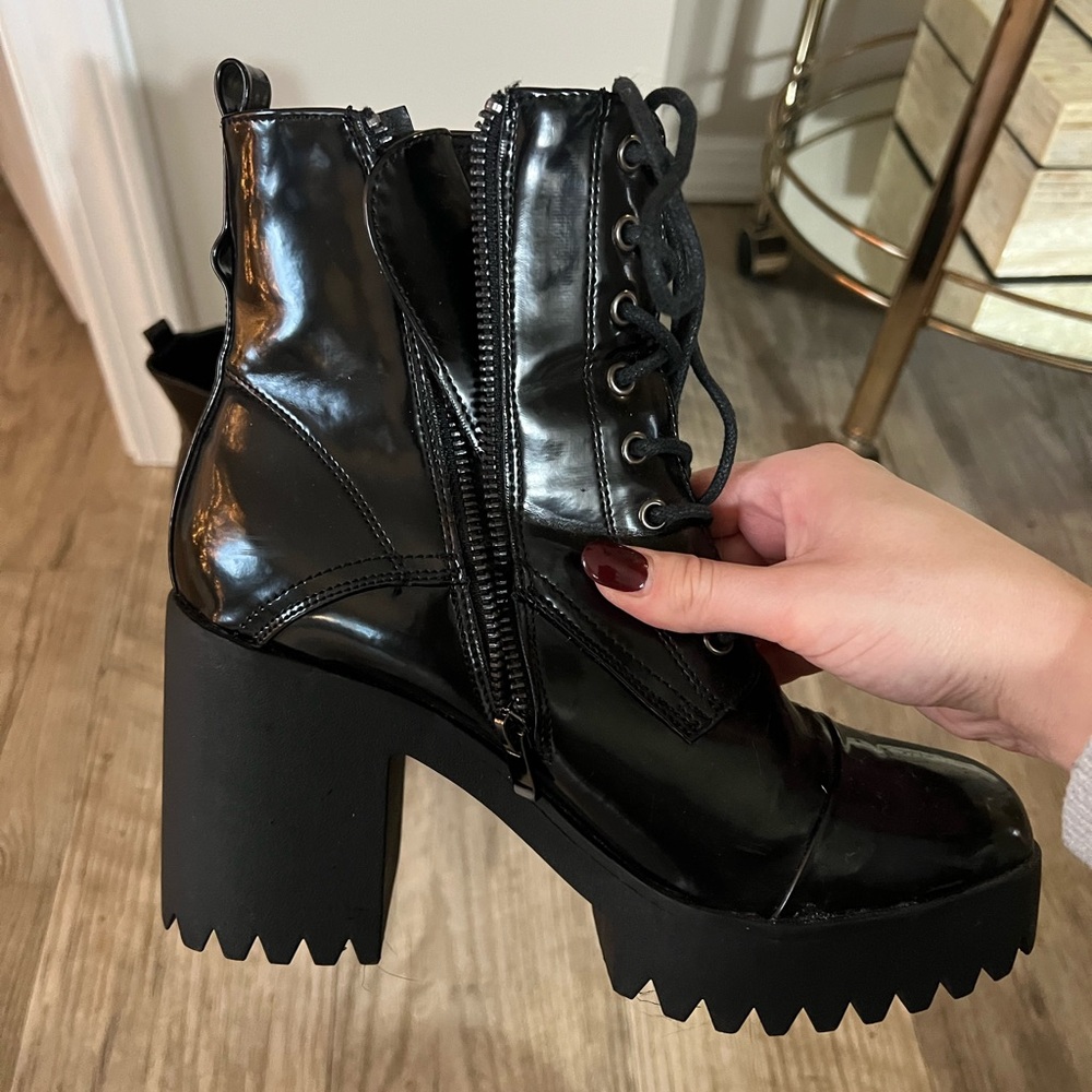 Black Latex Chunky Heel Lace-Up Combat Boots - Picture 3 of 3